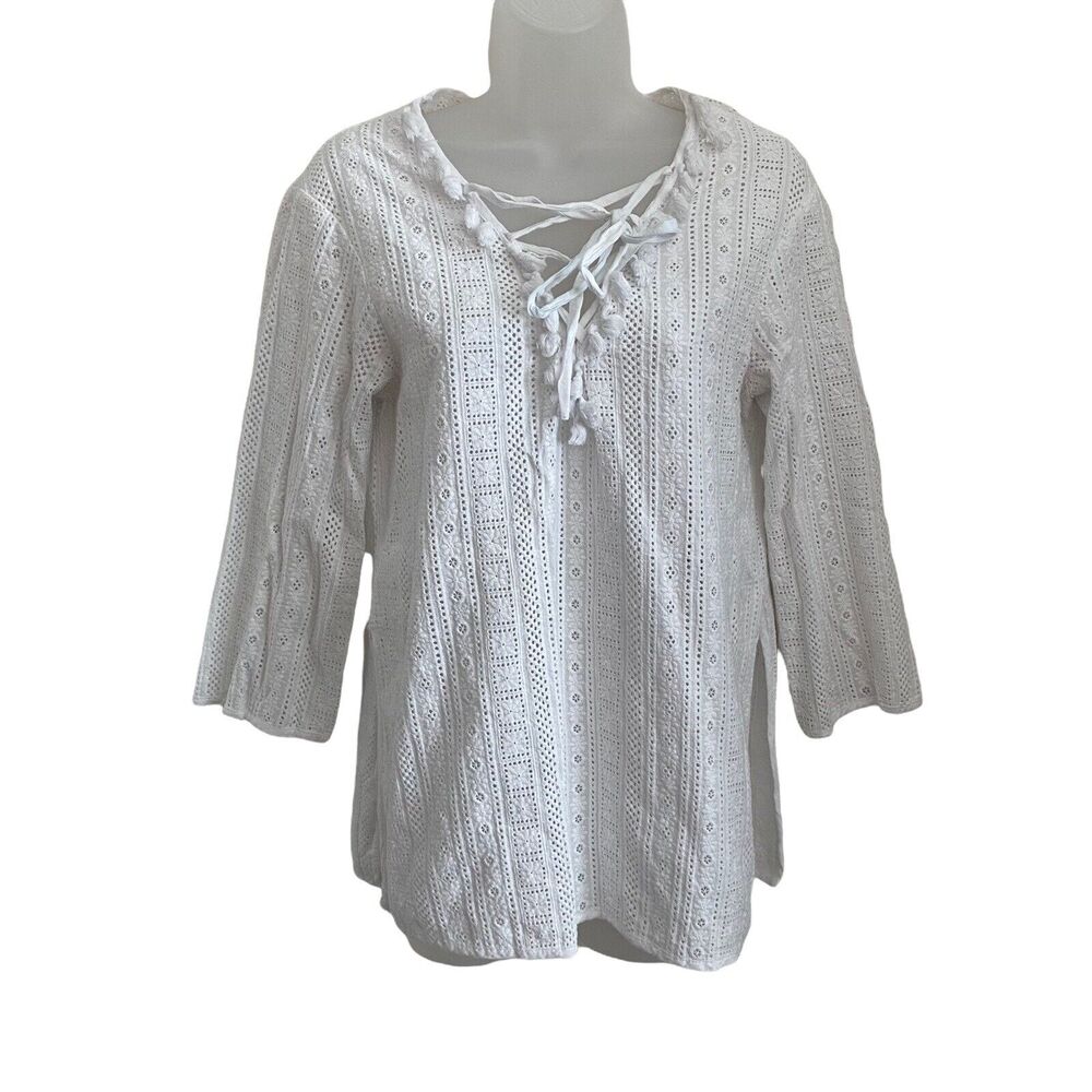 Line & Dot Small Tunic Top White Eyelet Long Sleeve Embroidered